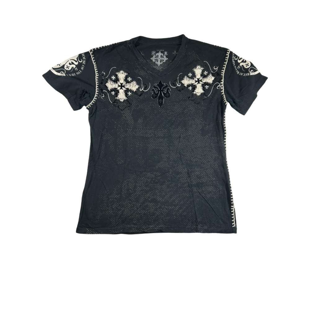 Raw State Mens XL Black V-Neck Graphic T-Shirt Cross Wings Whipstitch Y2K Gothic